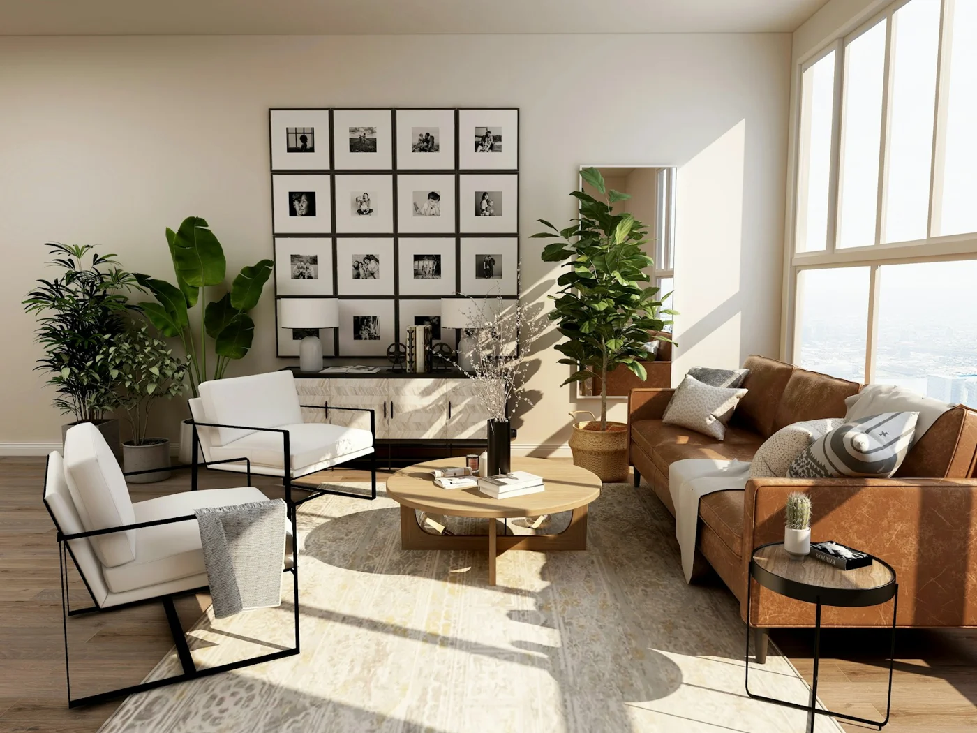 A furnished apartment living area with plants and chairs