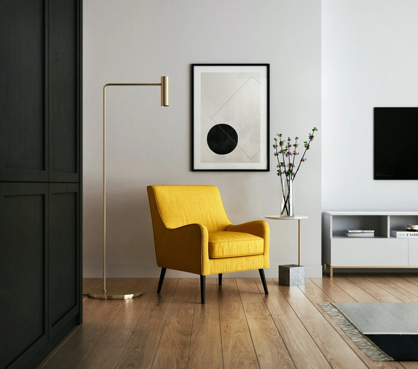 A quiet room with a yellow chair and a desk